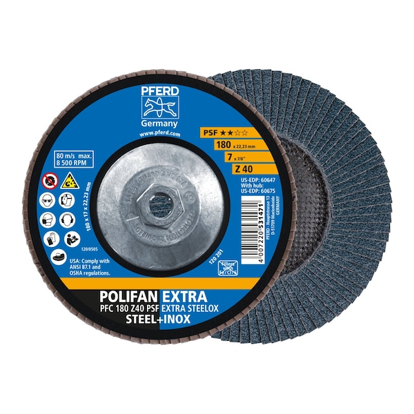 Pferd 7" x 5/8-11 Thd. POLIFAN Flap Disc - Z PSF EXTRA STEELOX, Zirconia, 40 Grit, Conical 60675 - main